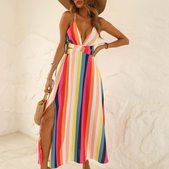 💛💕NWOT Vertical Striped Crisscross Tie Backless Split Thigh Cami Dress SZ S💛 - Picture 2 of 9